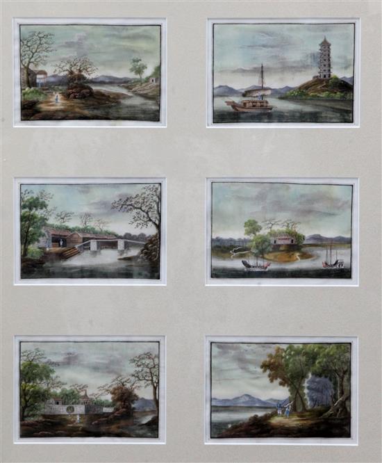 A set of twelve 19th century Chinese gouache on pith paper paintings, 9 x 14cm, framed as two